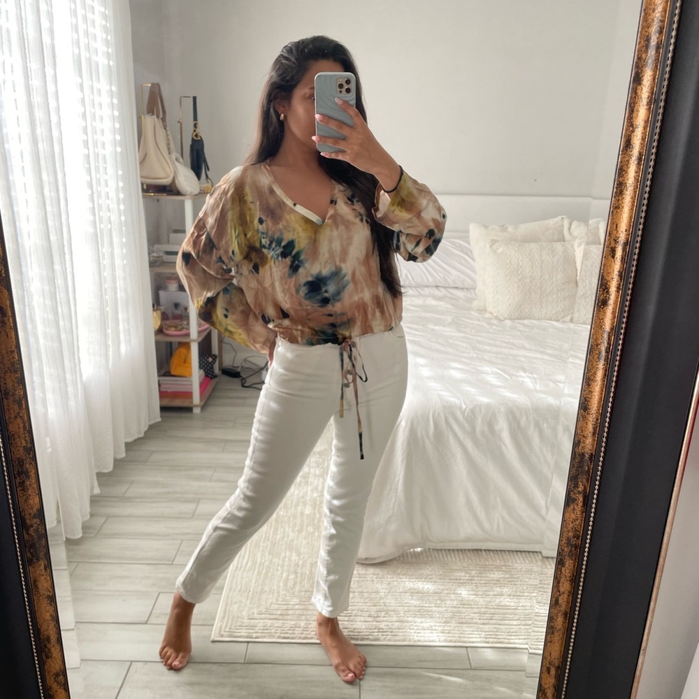 ZARA Multicolor Abstract Drawstring Blouse | V-Neck Long Sleeve Top | Small - Picture 3 of 5